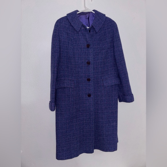 Vintage 50s 60s Harris Tweed purple Wool Trench Coat L - Picture 1 of 8